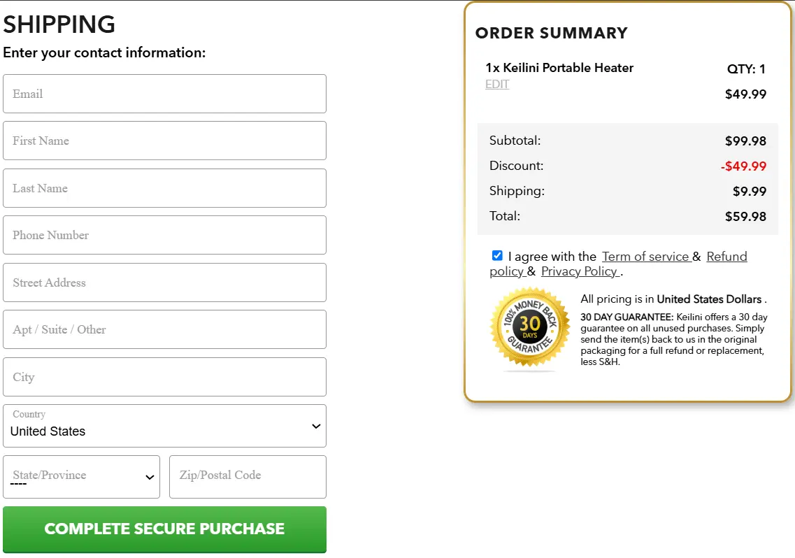 Keilini Heater checkout page